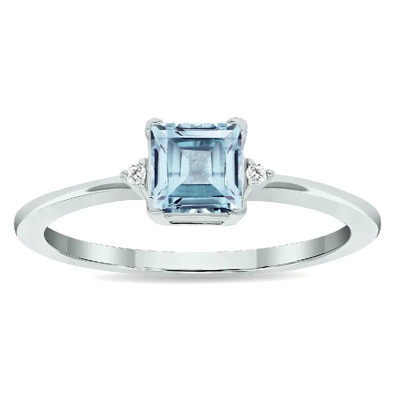 Women's Princess Cut Aquamarine and Diamond Classic Band in 10K White Gold