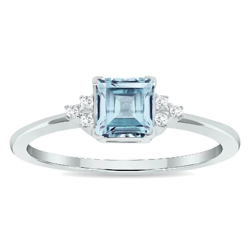 Women's Princess Cut Aquamarine and Diamond Half Moon Ring in 10K White Gold