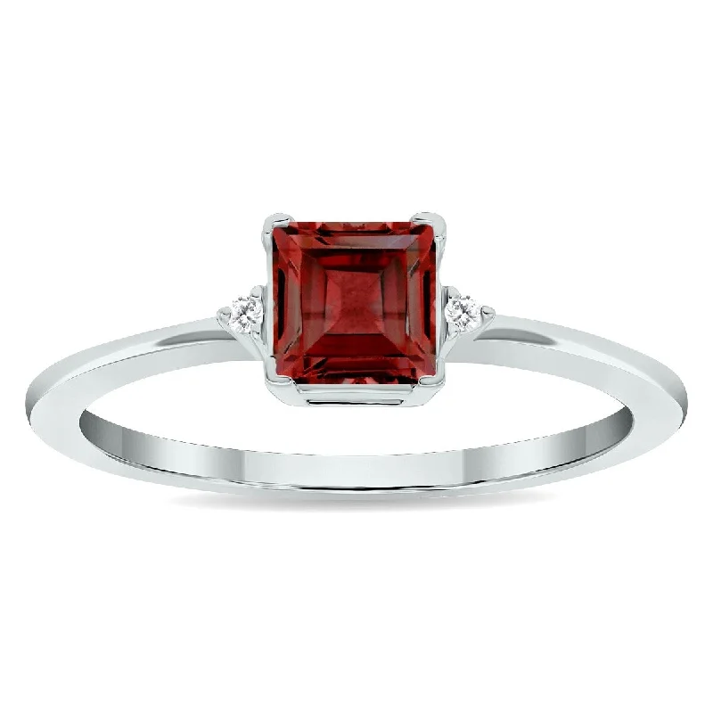 Women's Princess Cut Garnet and Diamond Classic Band in 10K White Gold