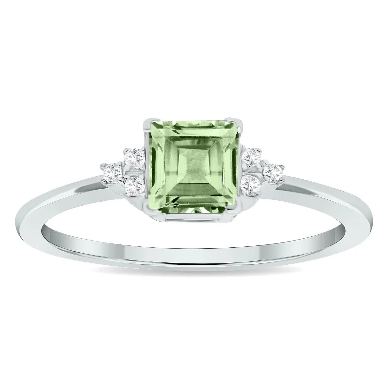 Women's Princess Cut Green Amethyst and Diamond Half Moon Ring in 10K White Gold