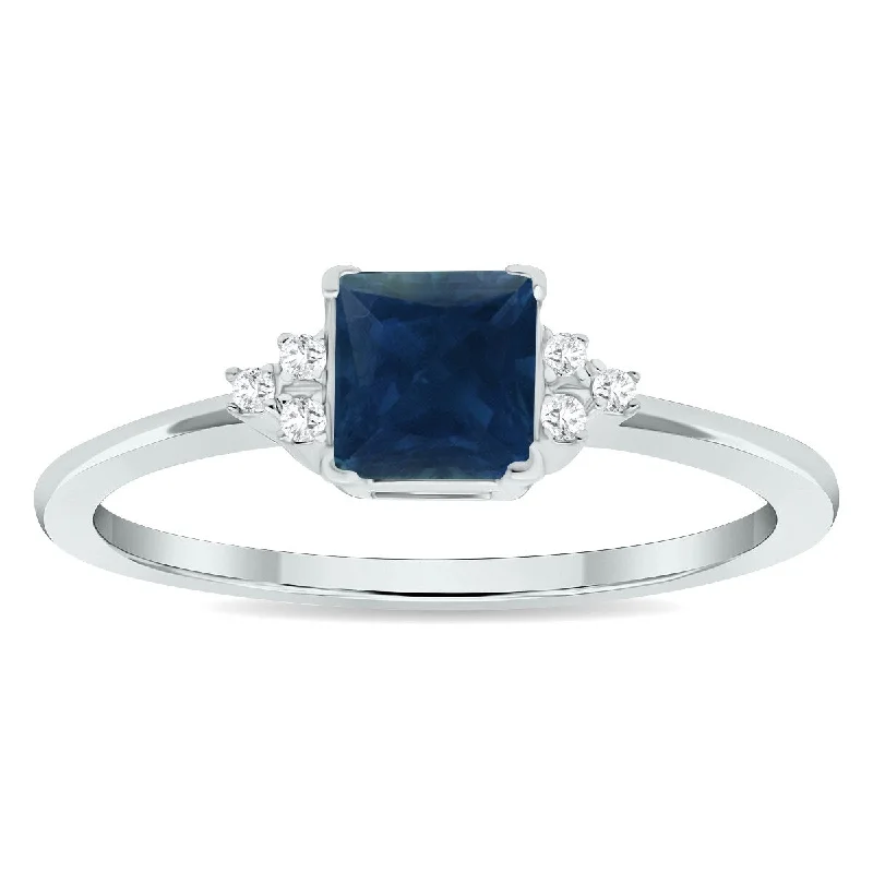 Women's Princess Cut Sapphire and Diamond Half Moon Ring in 10K White Gold