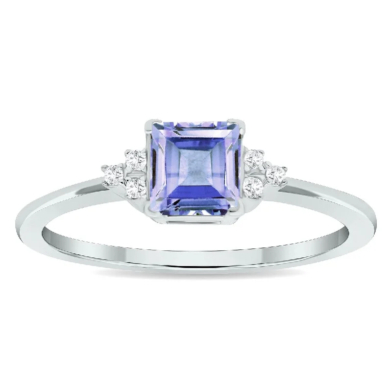 Women's Princess Cut Tanzanite and Diamond Half Moon Ring in 10K White Gold