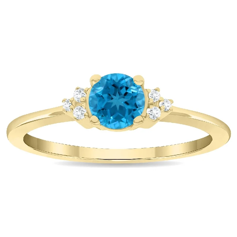 Women's Round Shaped Blue Topaz and Diamond Half Moon Ring in 10K Yellow Gold