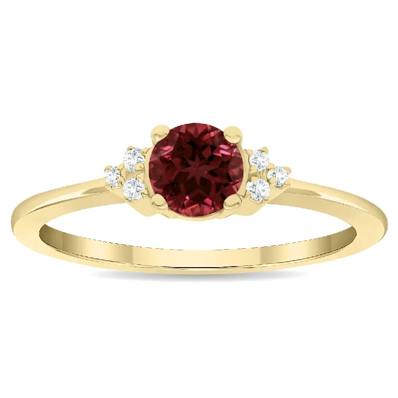 Women's Round Shaped Garnet and Diamond Half Moon Ring in 10K Yellow Gold