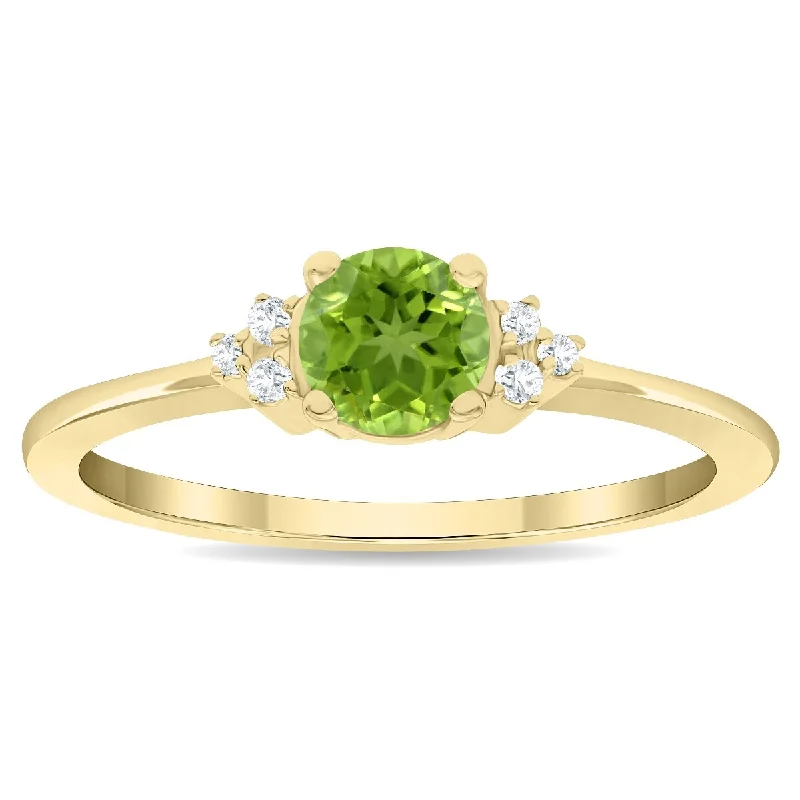 Women's Round Shaped Peridot and Diamond Half Moon Ring in 10K Yellow Gold