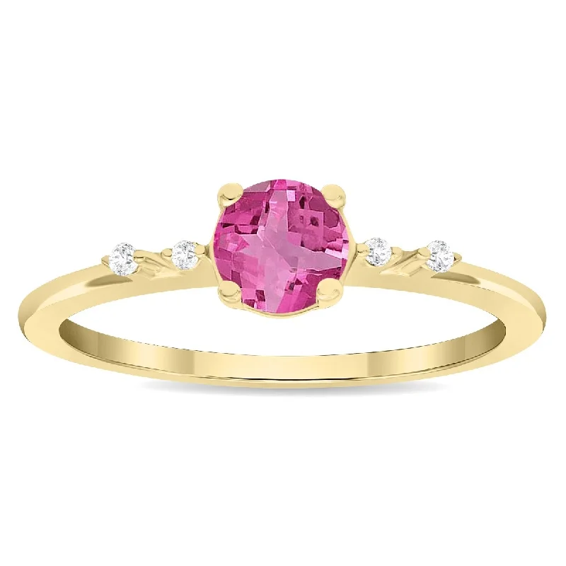 Women's Round Shaped Pink Topaz and Diamond Sparkle Ring in 10K Yellow Gold