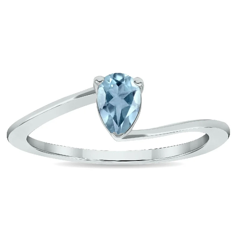 Women's Solitaire Aquamarine Wave Ring in 10K White Gold