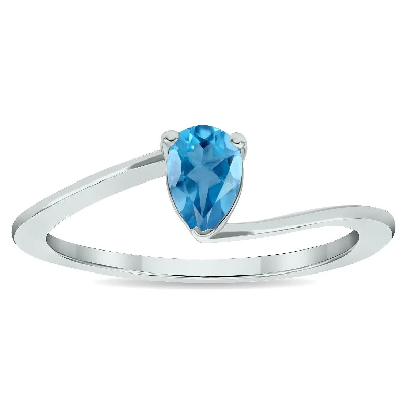 Women's Solitaire Blue Topaz Wave Ring in 10K White Gold