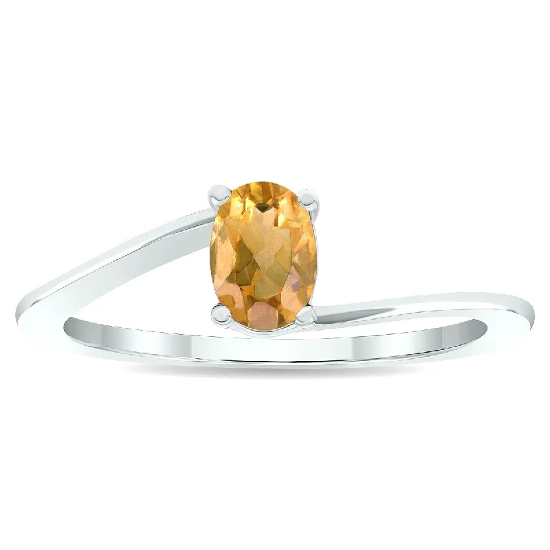 Women's Solitaire Citrine Wave Ring in 10K White Gold