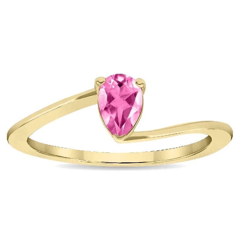 Women's Solitaire Pear Shaped Pink Topaz Wave Ring in 10K Yellow Gold