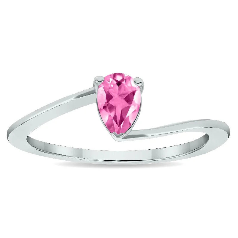 Women's Solitaire Pink Topaz Wave Ring in 10K White Gold