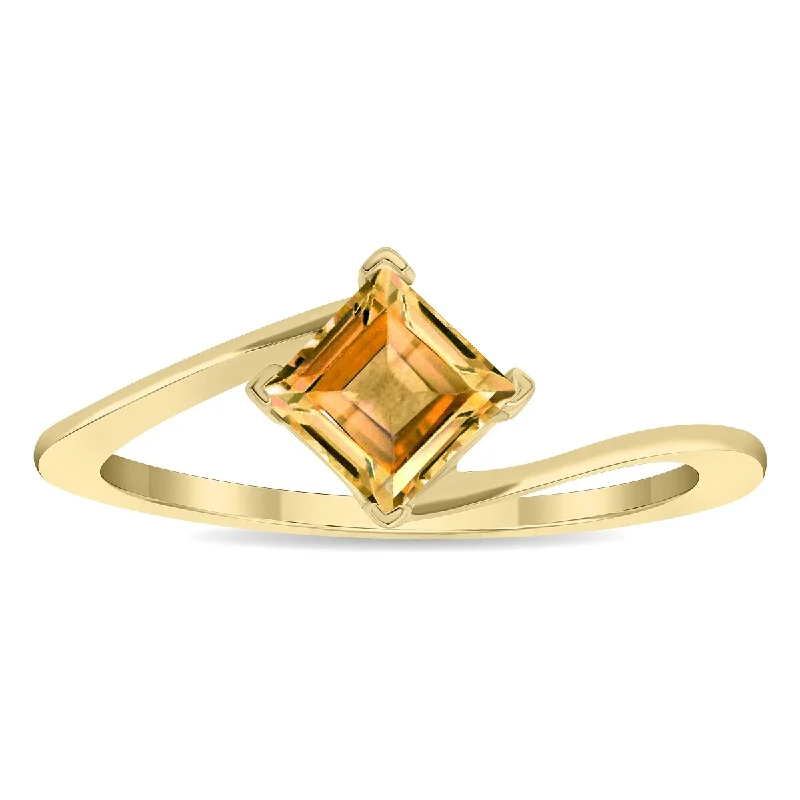 Women's Solitaire Square Shaped Citrine Wave Ring in 10K Yellow Gold