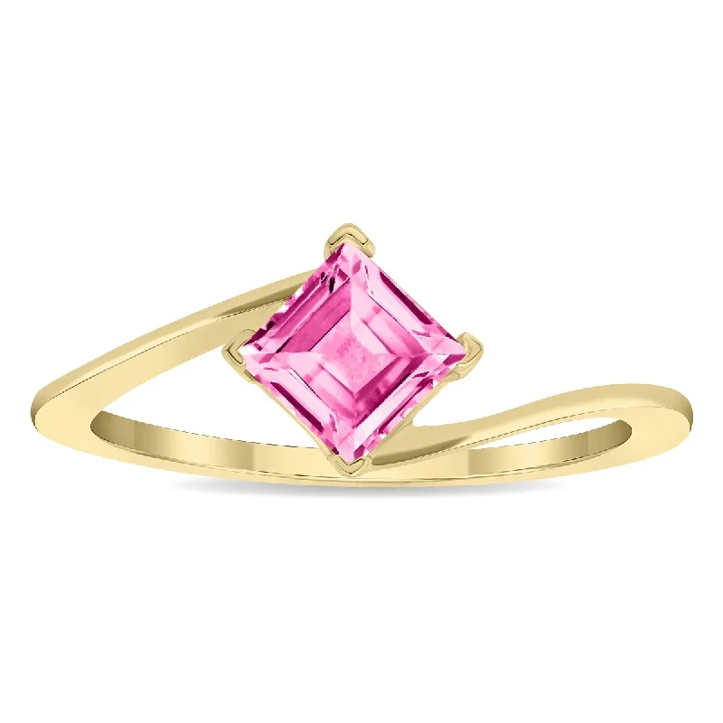 Women's Solitaire Square Shaped Pink Topaz Wave Ring in 10K Yellow Gold