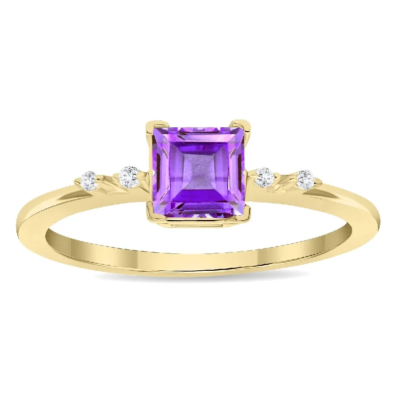 Women's Square Shaped Amethyst and Diamond Sparkle Ring in 10K Yellow Gold