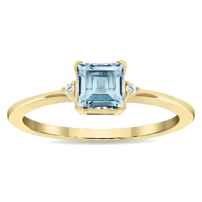 Women's Square Shaped Aquamarine and Diamond Classic Band in 10K Yellow Gold