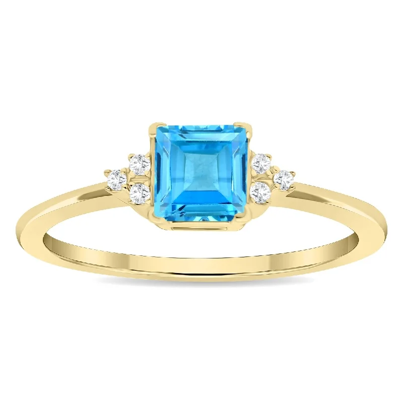 Women's Square Shaped Blue Topaz and Diamond Half Moon Ring in 10K Yellow Gold