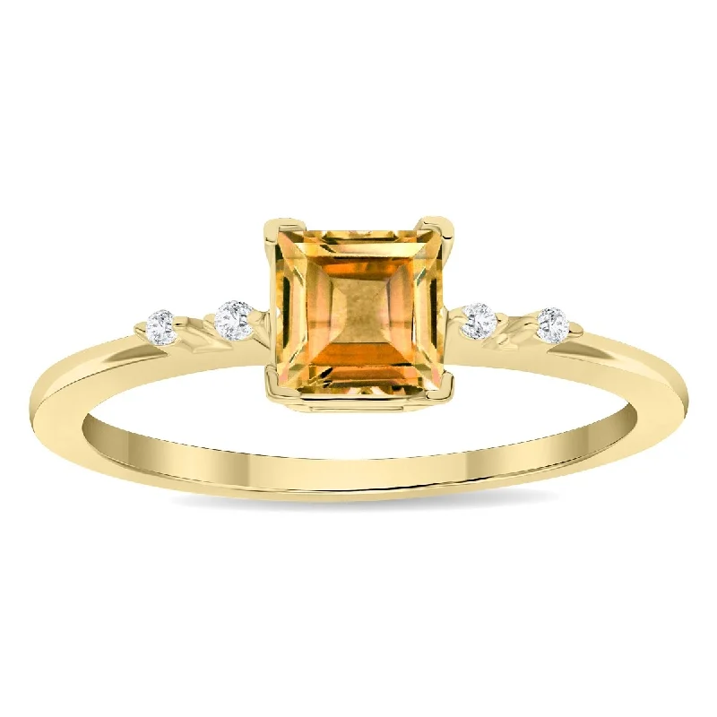 Women's Square Shaped Citrine and Diamond Sparkle Ring in 10K Yellow Gold