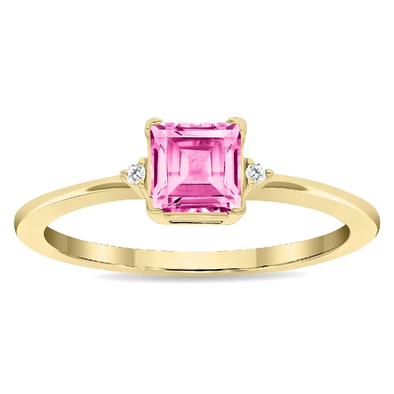 Women's Square Shaped Pink Topaz and Diamond Classic Band in 10K Yellow Gold