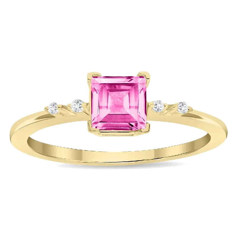 Women's Square Shaped Pink Topaz and Diamond Sparkle Ring in 10K Yellow Gold