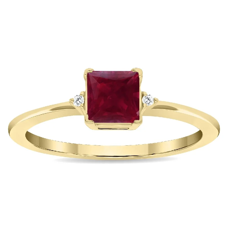 Women's Square Shaped Ruby and Diamond Classic Band in 10K Yellow Gold