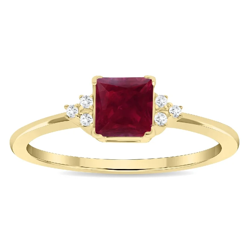 Women's Square Shaped Ruby and Diamond Half Moon Ring in 10K Yellow Gold